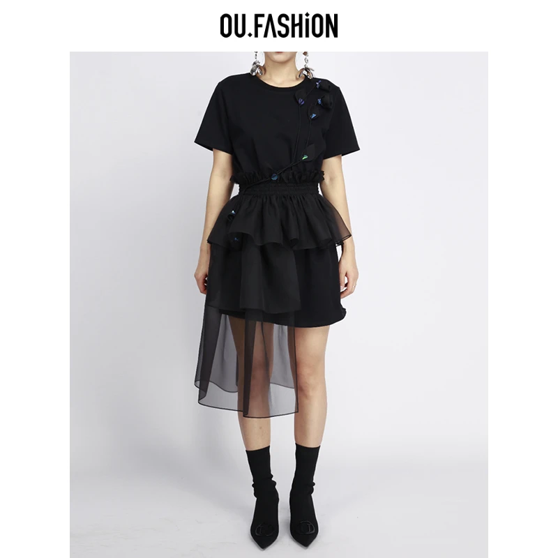 OU.FASHION/欧点时尚优雅气质甜美重工不规则连衣裙 6122220001