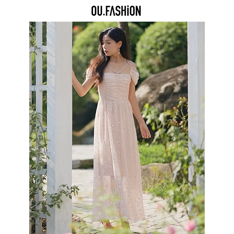 OU.FASHION/欧点浪漫仙气亮片钉珠连衣裙女礼服轻奢6122320304