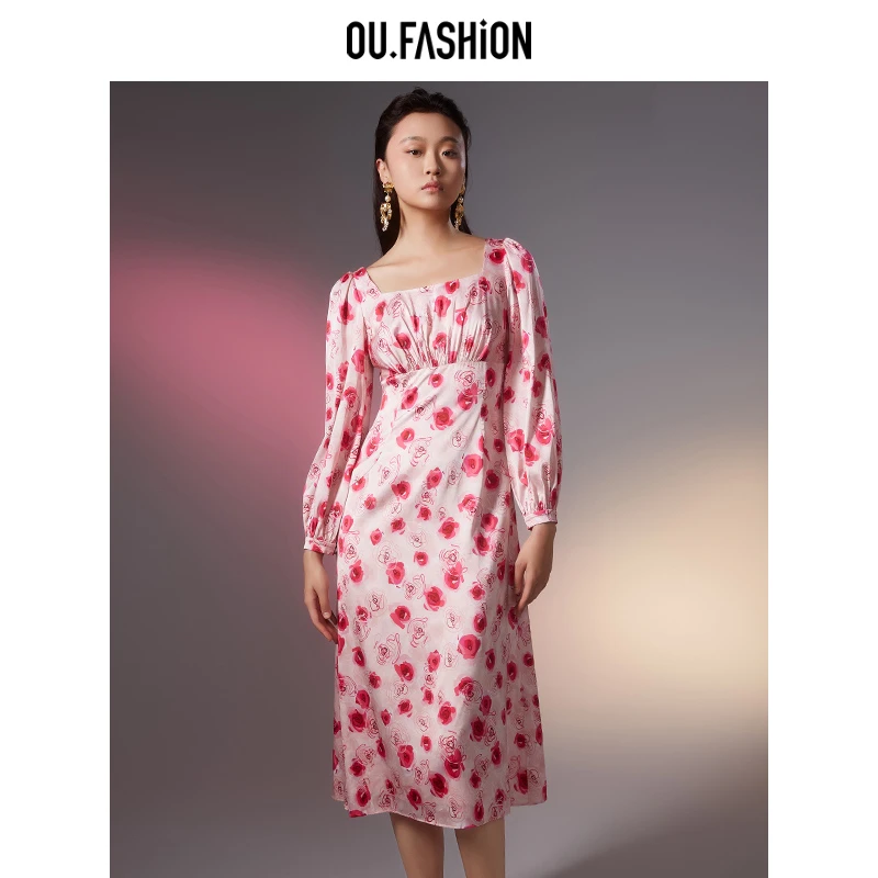【商场同款】OU.FASHION/欧点樱桃蔷薇碎花方领连衣裙1122330072