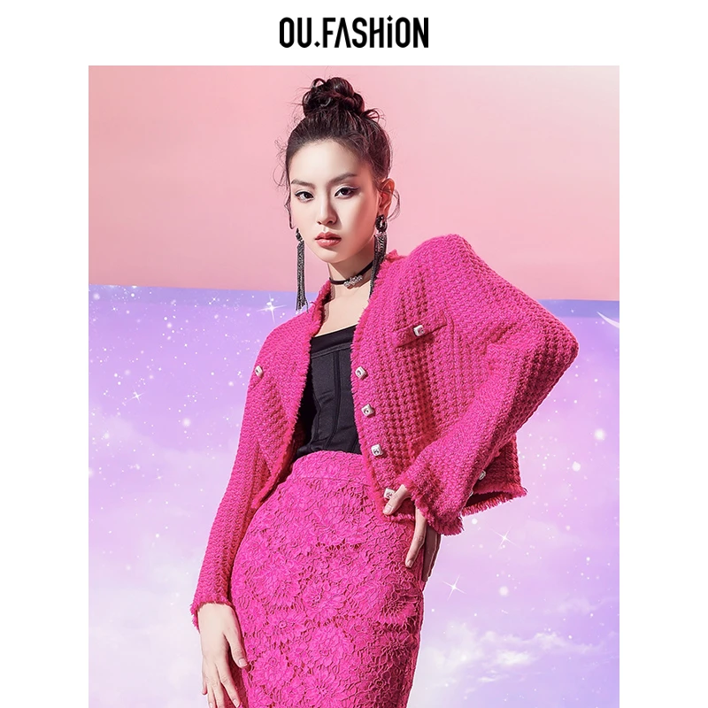 OU.FASHION/欧点洋气小香风上衣编织纹粗花呢短外套6072440176