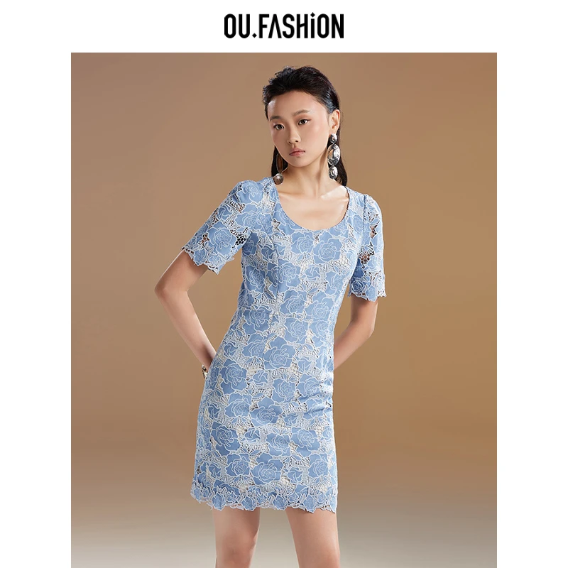 【彭彭echo】OU.FASHION/欧点牛仔蕾丝绣花蓝色连衣裙1122330244