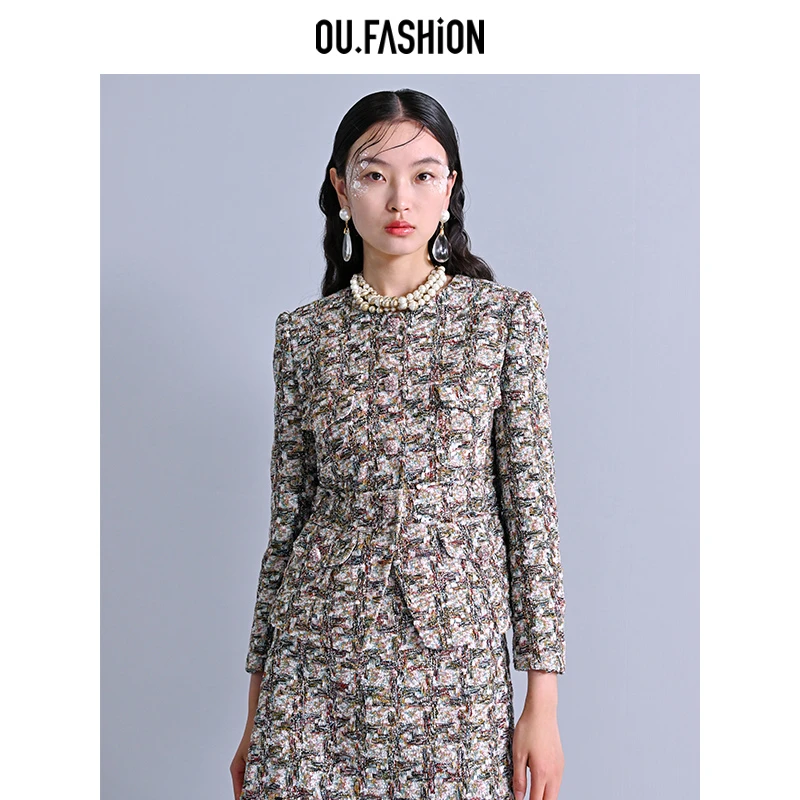 【彭彭echo】OU.FASHION/欧点彩色亮丝小香风时尚短外套1072340215