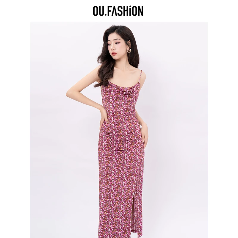 OU.FASHION/欧点法式碎花吊带连衣裙复古度假长裙子6122320150