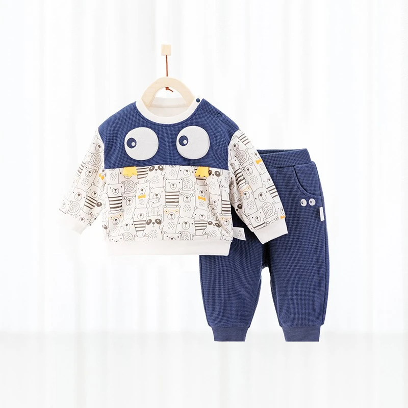 婴儿华夫格肩扣套头保暖套装秋冬季纯棉分体休闲上衣裤子套装7794