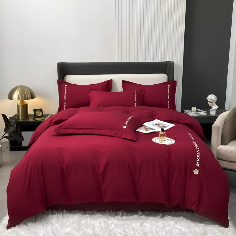 轻奢双拼色磨毛简约刺绣床上用品酒店被套床单床笠四件套-若梦