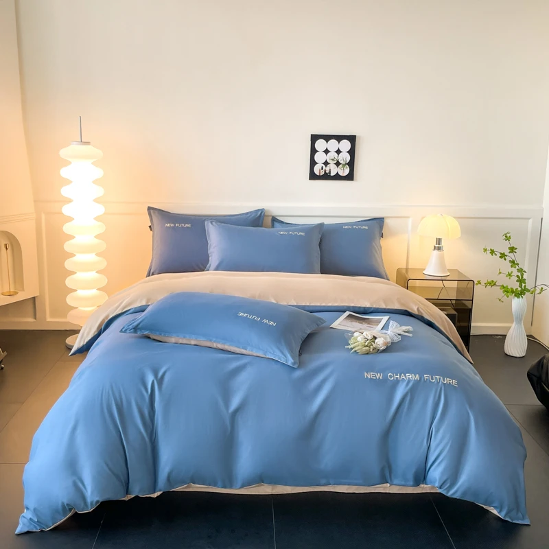 新款轻奢简约小清新纯色磨毛亲肤棉刺绣四件套