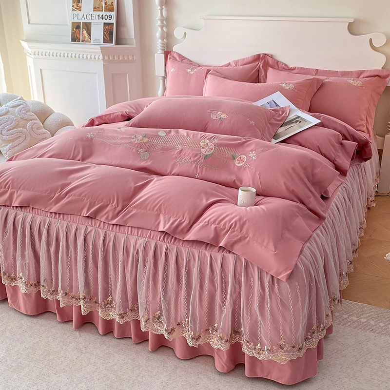 新款韩式公主风纯色亲肤蕾丝床裙刺绣花边四件套 -橙香