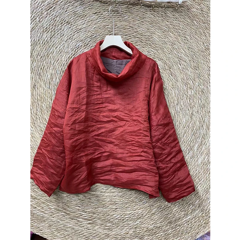 复古双层苎麻内里包边堆堆领长袖套头衬衫女新款文艺宽松百搭上衣