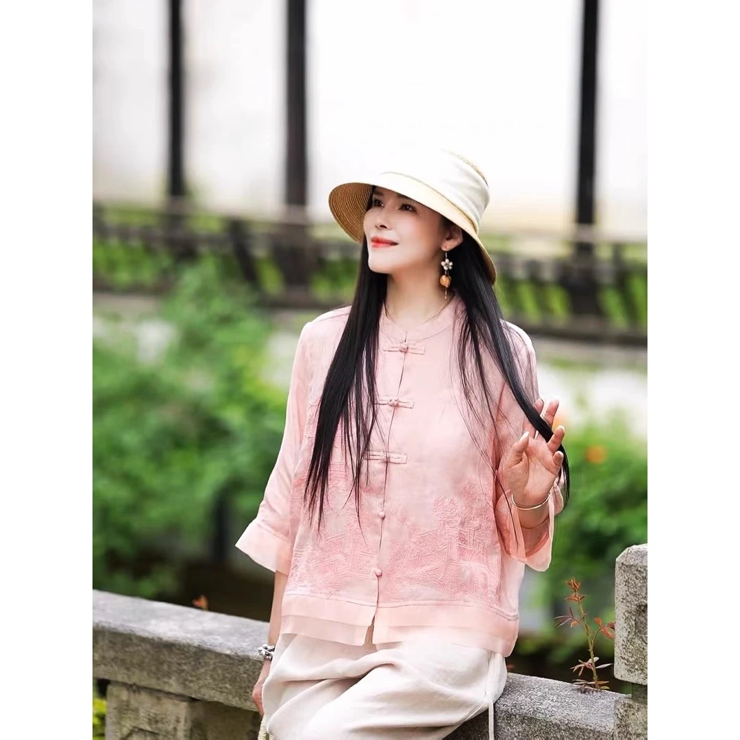 复古盘扣斜纹苎麻欧根纱拼接刺绣衬衫女夏新款文艺新中式国风上衣