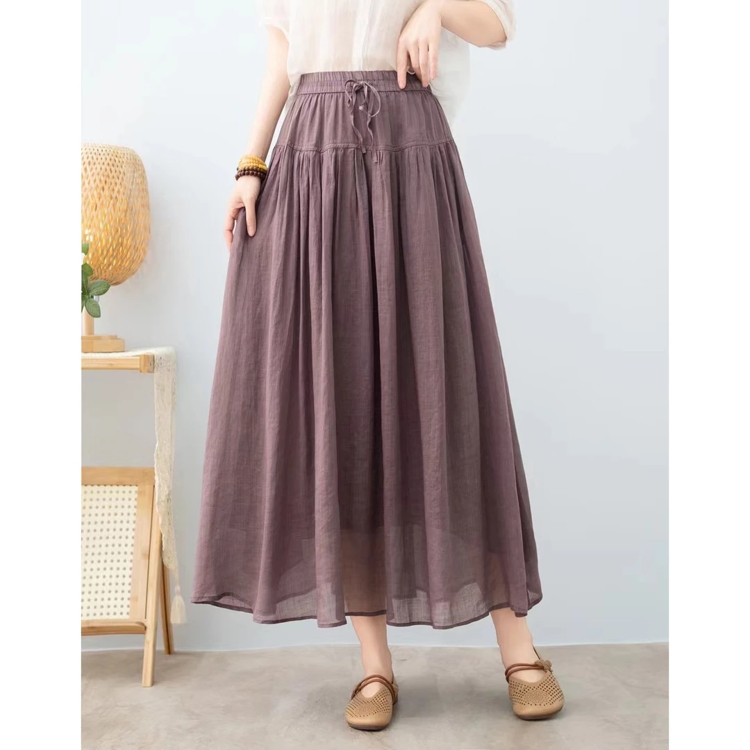 复古双层苎麻松紧腰系带半身裙女夏新款文艺宽松百搭显瘦大摆裙