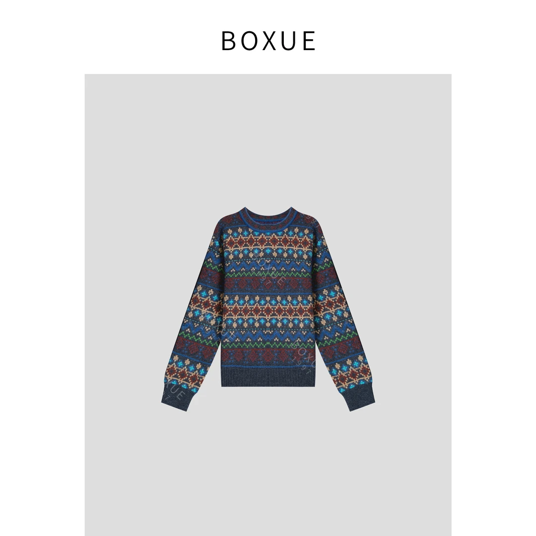 BOXUE"淡烟"2024冬季费尔岛风绵羊.毛＋山羊绒 毛衣#241031MY342