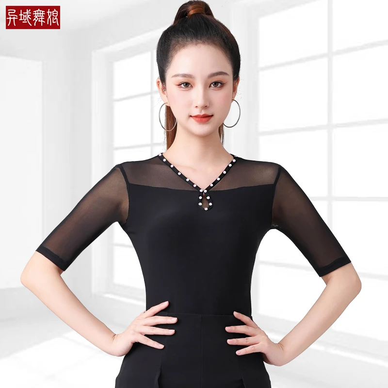 夏季摩登舞成人网纱莫代尔跳舞女士国标拉丁舞练功服上衣烫钻新款