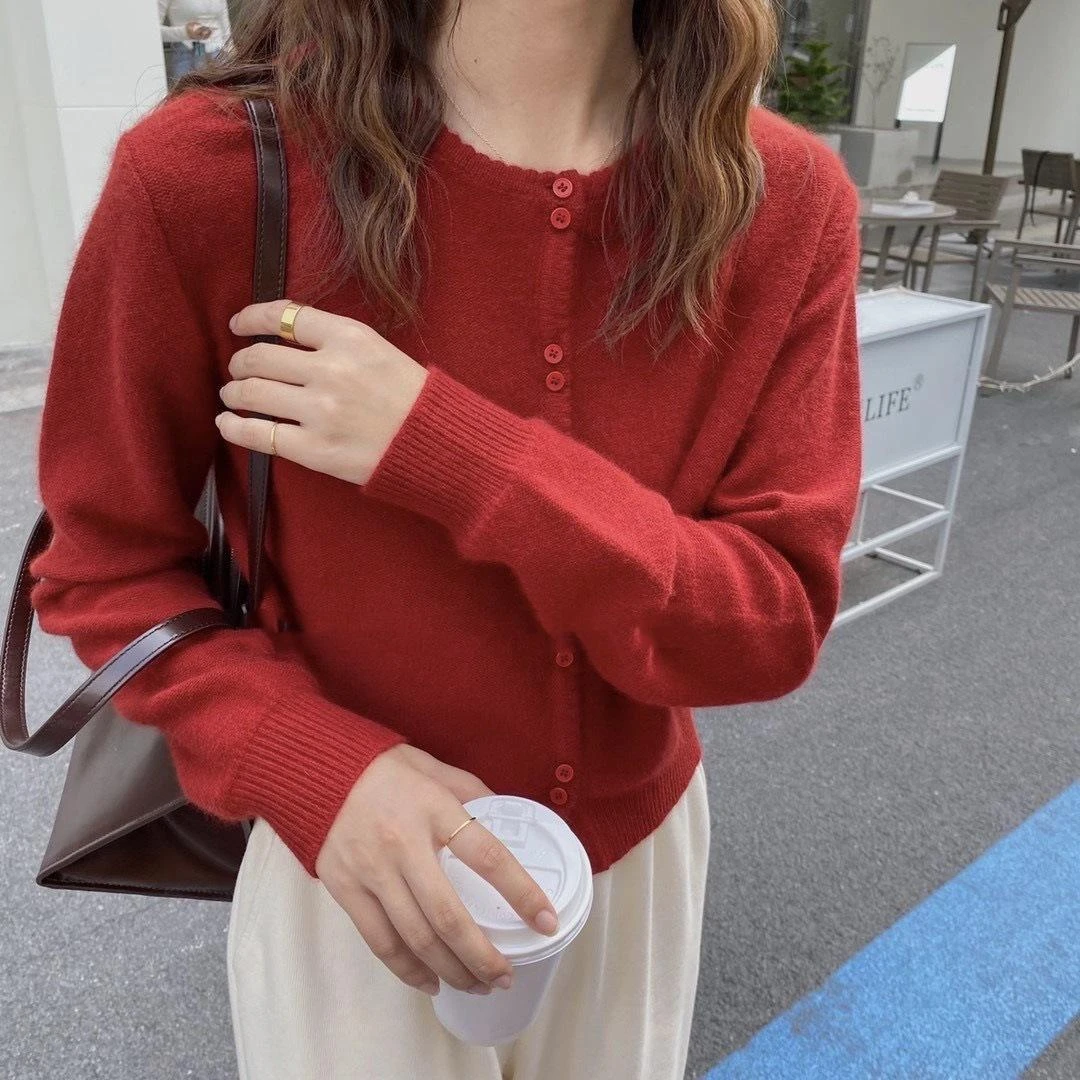 红色花边圆领毛衣外套女 双股线加厚100纯羊毛开衫洋气针织衫上衣