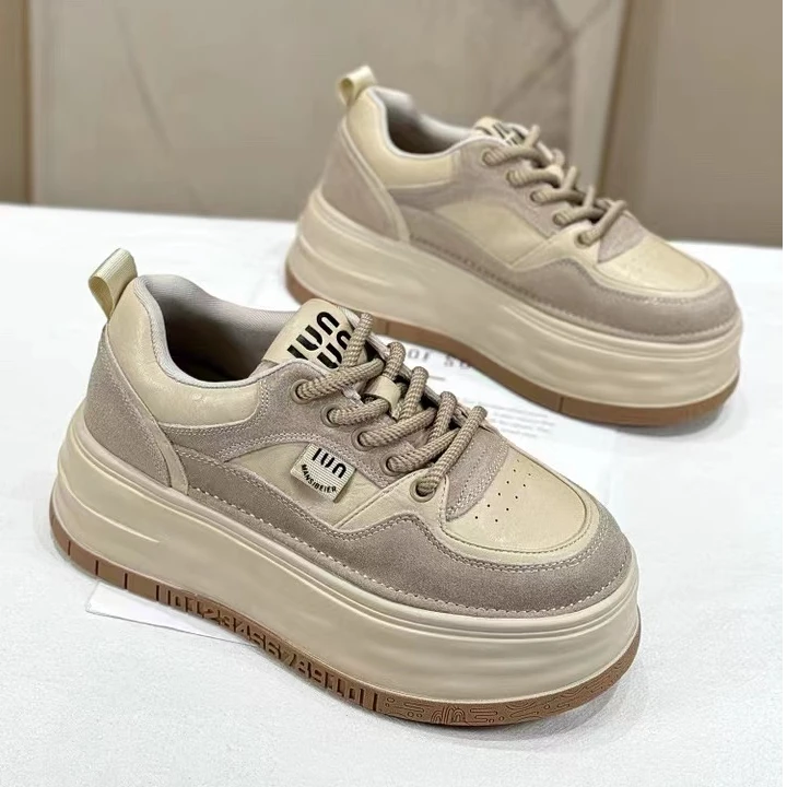 2024秋季新款真皮松糕复古百搭厚底运动板鞋潮流系带