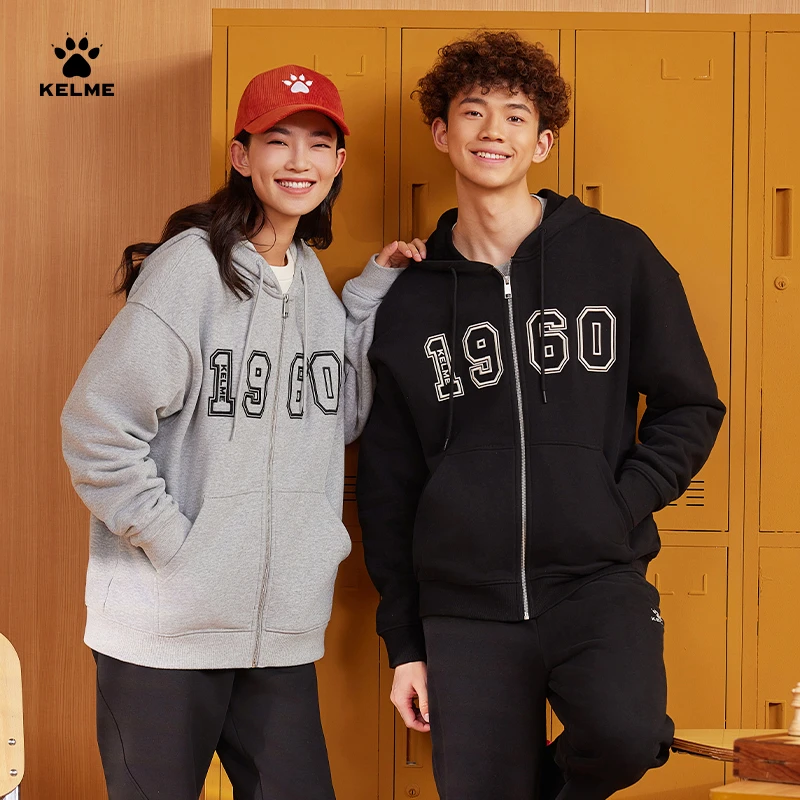 卡尔美针织连帽外套新款加绒保暖开衫运动卫衣时尚套头衫XM