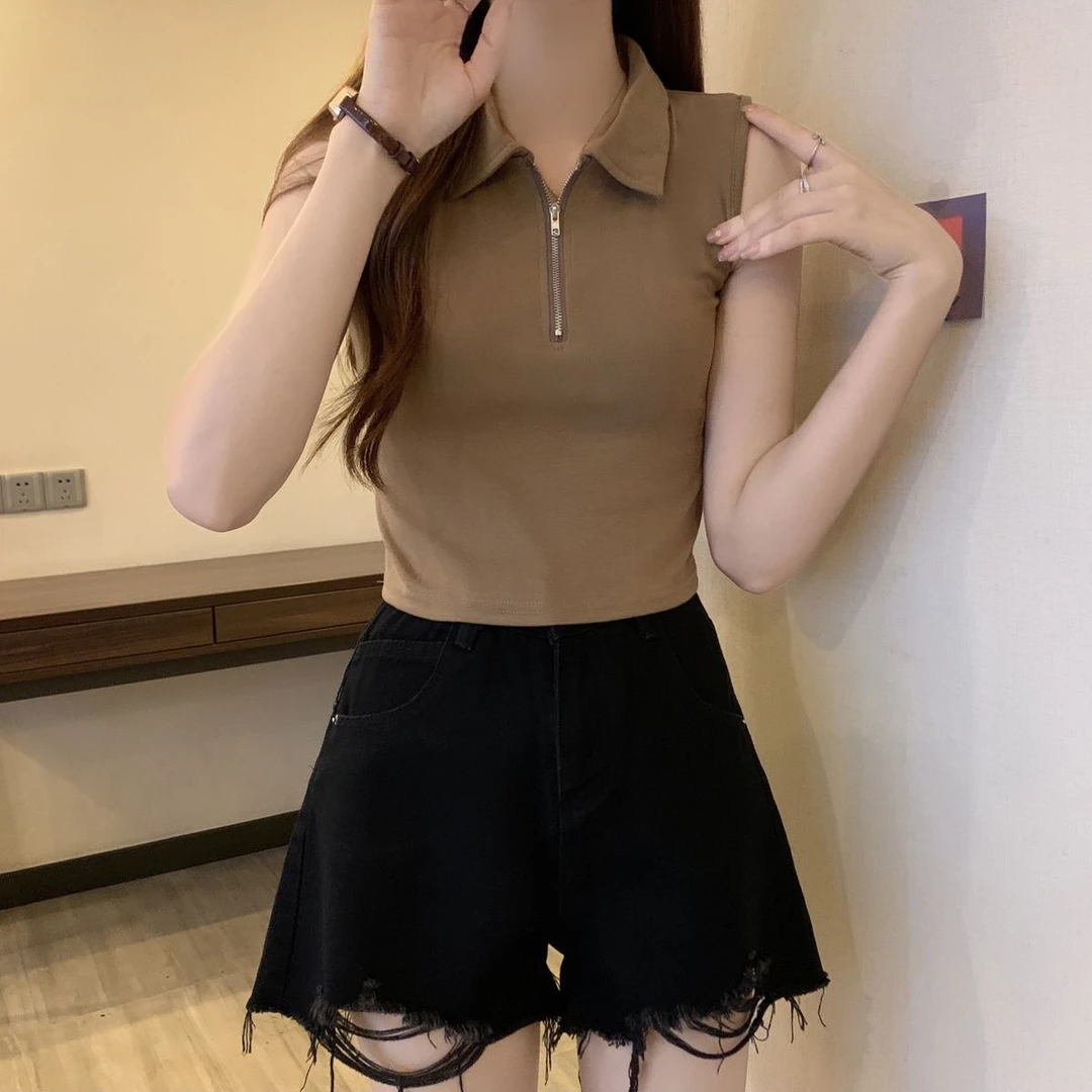 夏季2025年新款纯欲辣妹风polo衫无袖t恤女高腰短款白色背心上衣