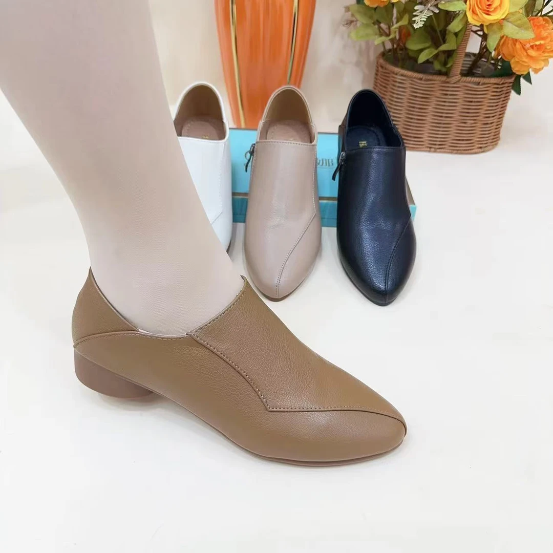 新款3公分鞋跟内侧拉链时尚百搭舒适软底软面深口单鞋