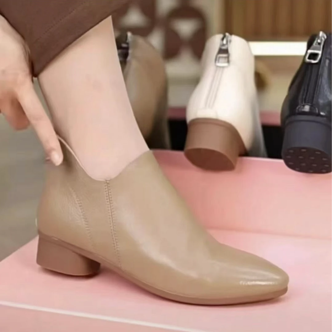 【气质优雅】2024新款软皮女鞋软底粗跟时尚百搭单鞋短靴