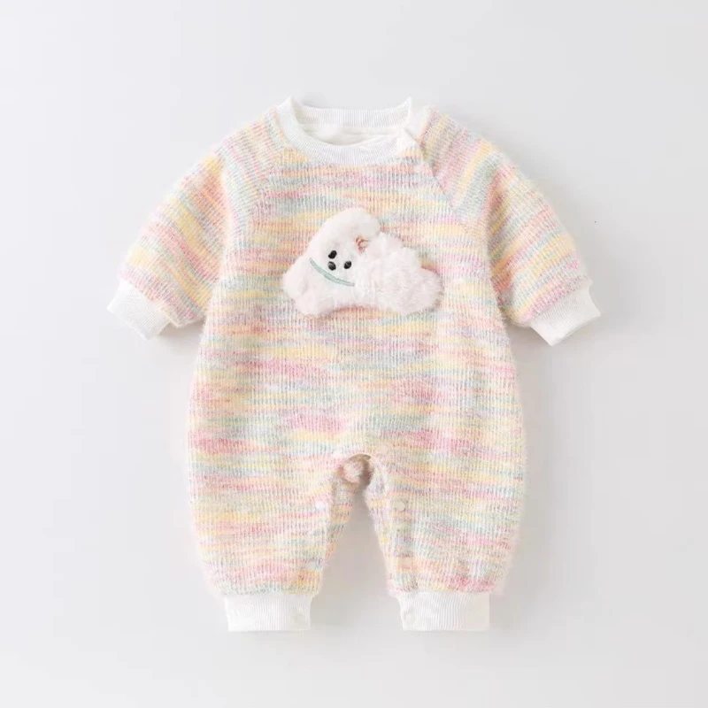 春秋款宝宝衣服新款彩虹条纹针织小狗长袖男女宝宝洋气时尚哈衣