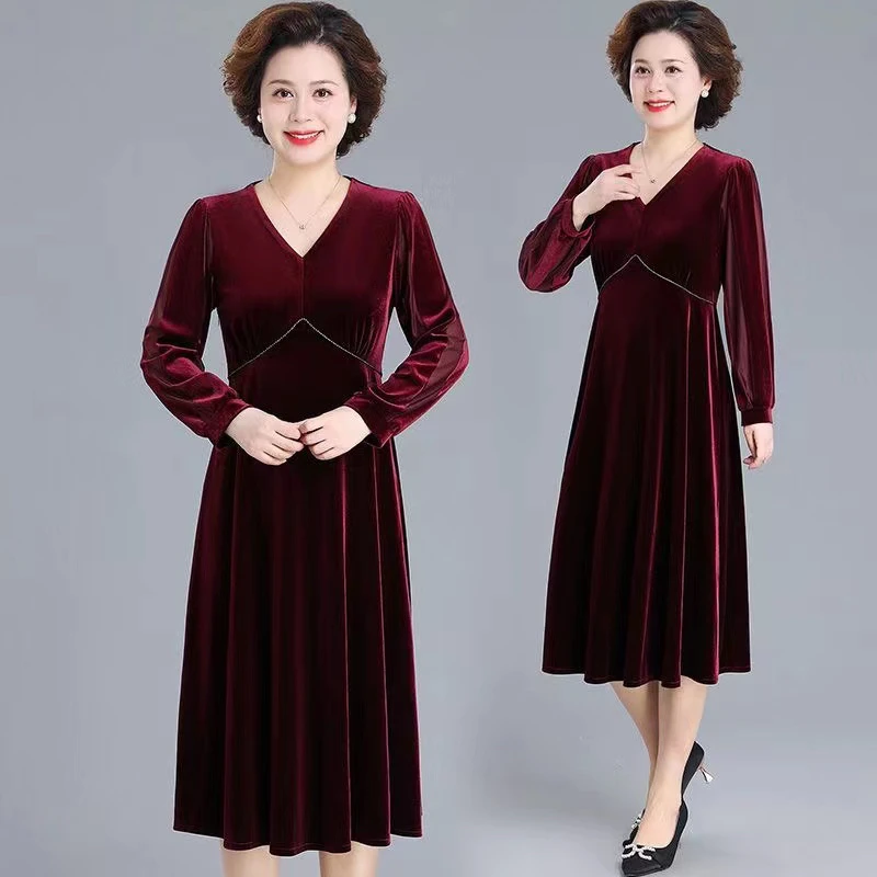 喜妈妈喜婆婆春秋季长袖高品质金丝绒气质遮肉显瘦连衣裙高贵