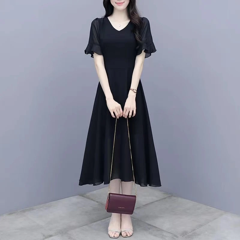 39#短袖-赫本风黑色裙珍珠雪纺洋气纱胖妹妹女装连衣裙时尚洋气