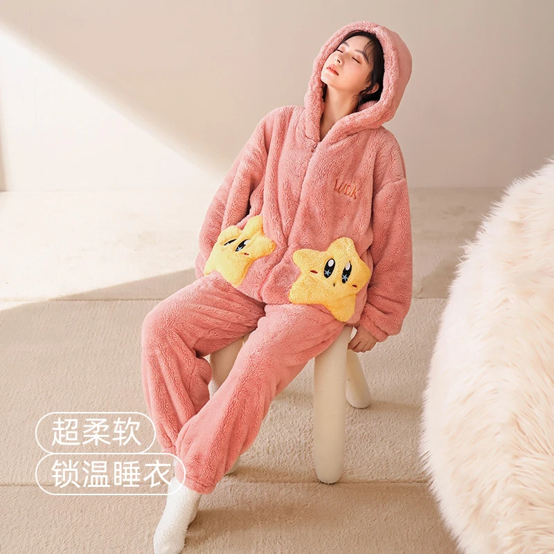 冬季珊瑚绒睡衣女雪糕绒加厚加绒保暖休闲可爱套装2023新款家居服