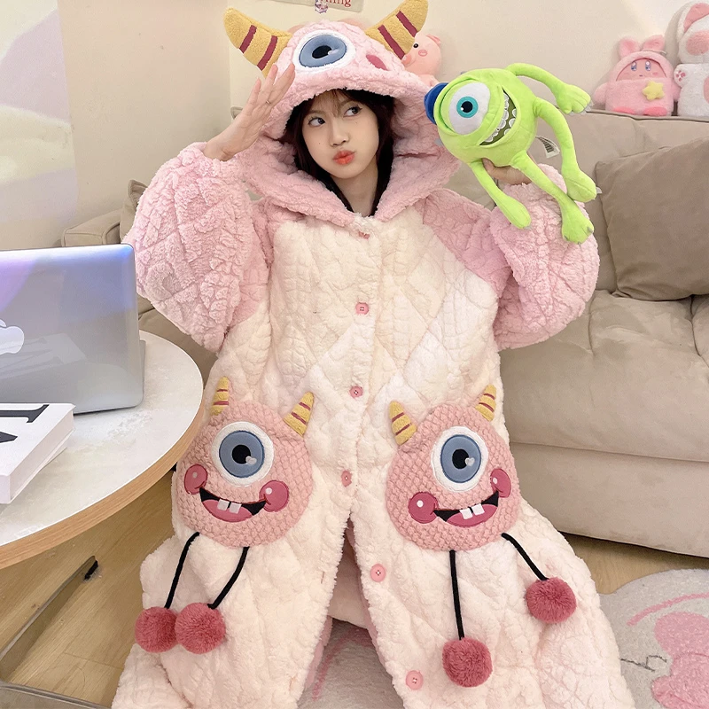 2023年新款珊瑚绒睡衣女加绒加厚连帽睡袍可爱秋冬季家居服套装