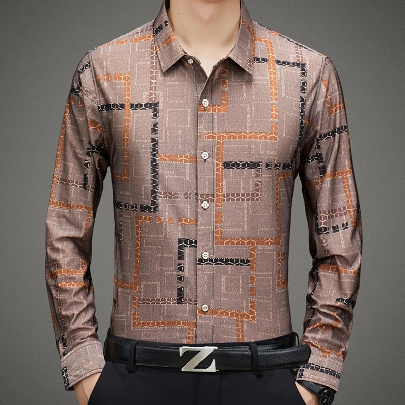 新款长袖衬衫男士中年冰丝抗皱免烫春秋季搞弹力休闲薄款衬衣男装