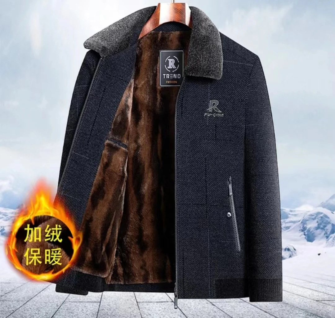 加绒翻领爸爸外套春秋冬款中老年秋装老年人雪尼尔绒中年男士上衣
