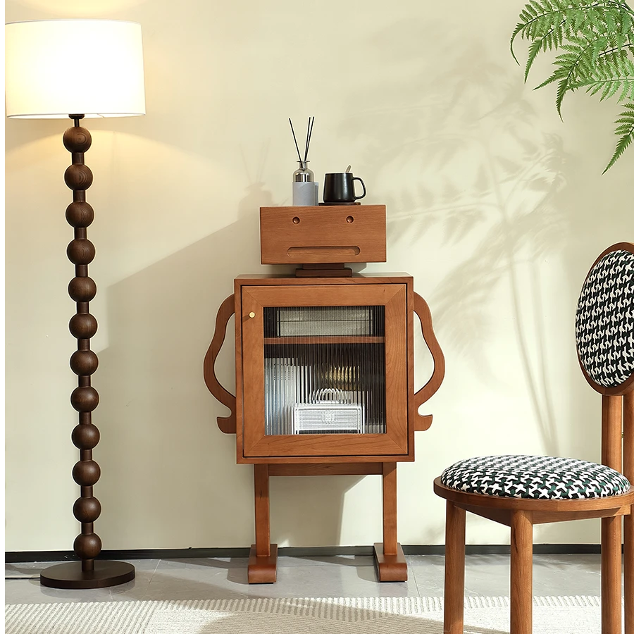 DS-Y550【中古风】樱桃木实木机器人床头柜创意置物架600*350*1100