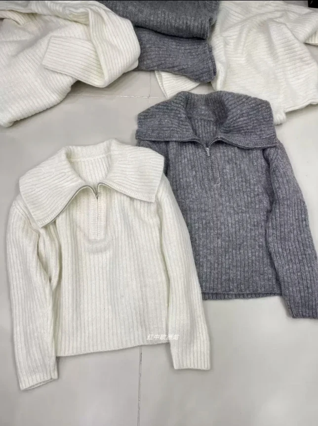 灰色针织开衫女秋冬高级感翻领毛衣外套女宽松外搭慵懒风上衣厚