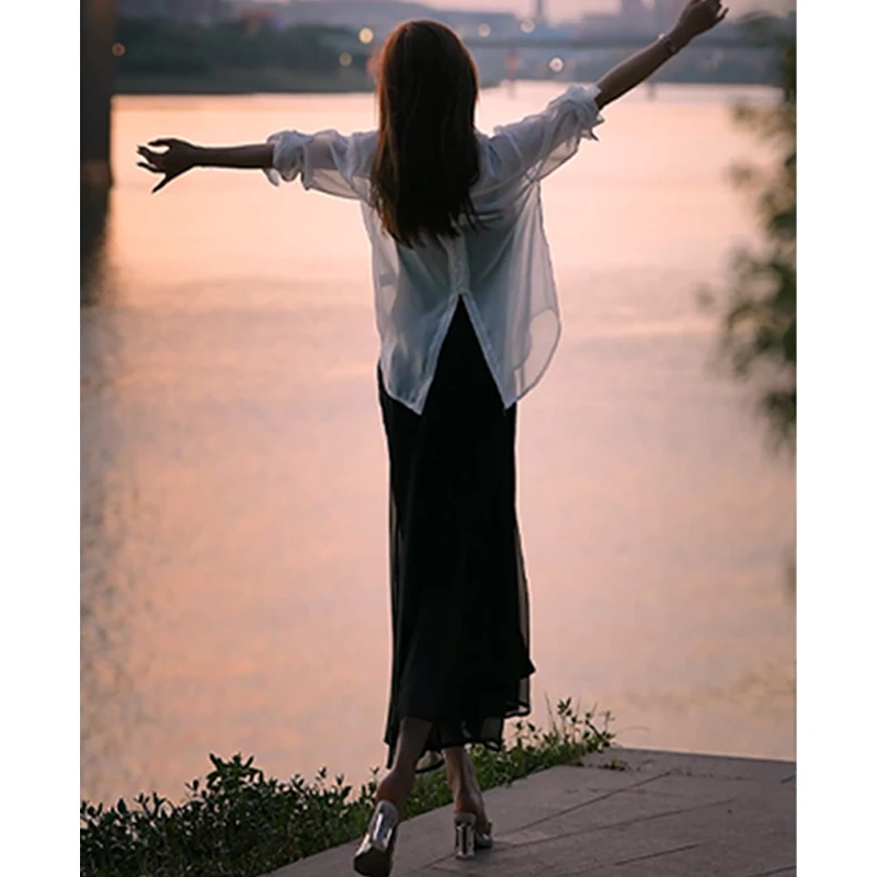 夏季夏日连衣裙薄款防晒衬衫中长款吊带裙气质显瘦两件套裙网红