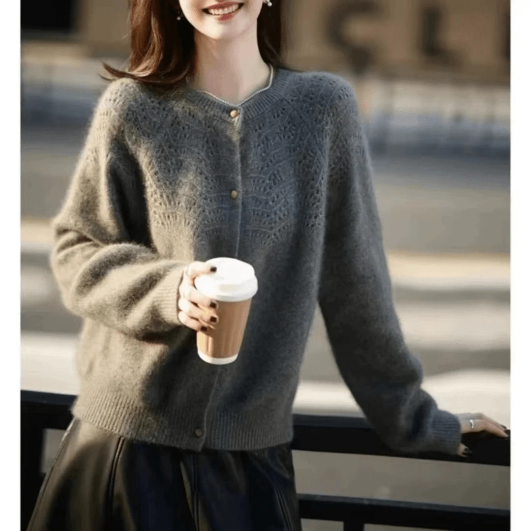 3491灰色圆领针织开衫外套女欧洲站欧货韩系风长袖针织衫毛衣