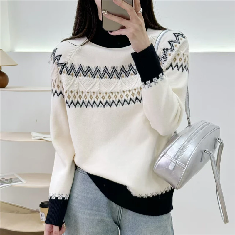 5043复古慵懒风加厚圆领毛衣女秋冬新款慵懒风宽松显瘦针织衫