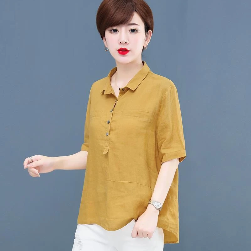 短袖衬衫女2023年夏新款中年妈妈时尚宽松修身棉麻纯色中袖上衣