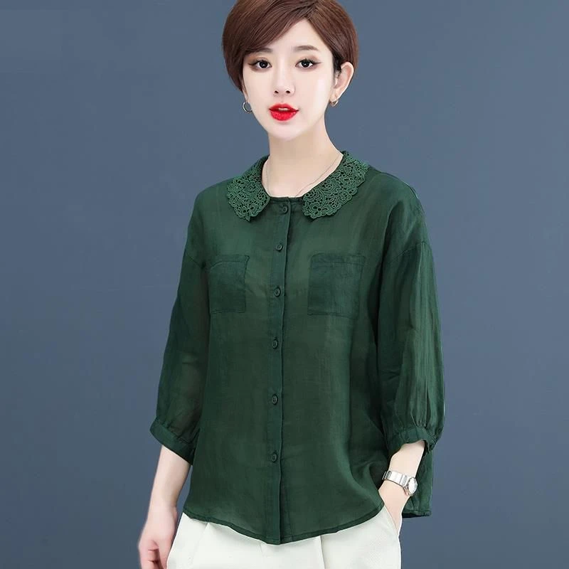 七分袖棉麻衬衫女夏2023新款时尚漂亮洋气小衫中年妈妈显瘦上衣