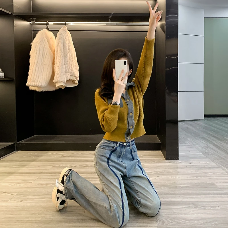 2025春秋新款宽松显瘦慵懒设计干部牛仔拼接Polo领复古毛衣女