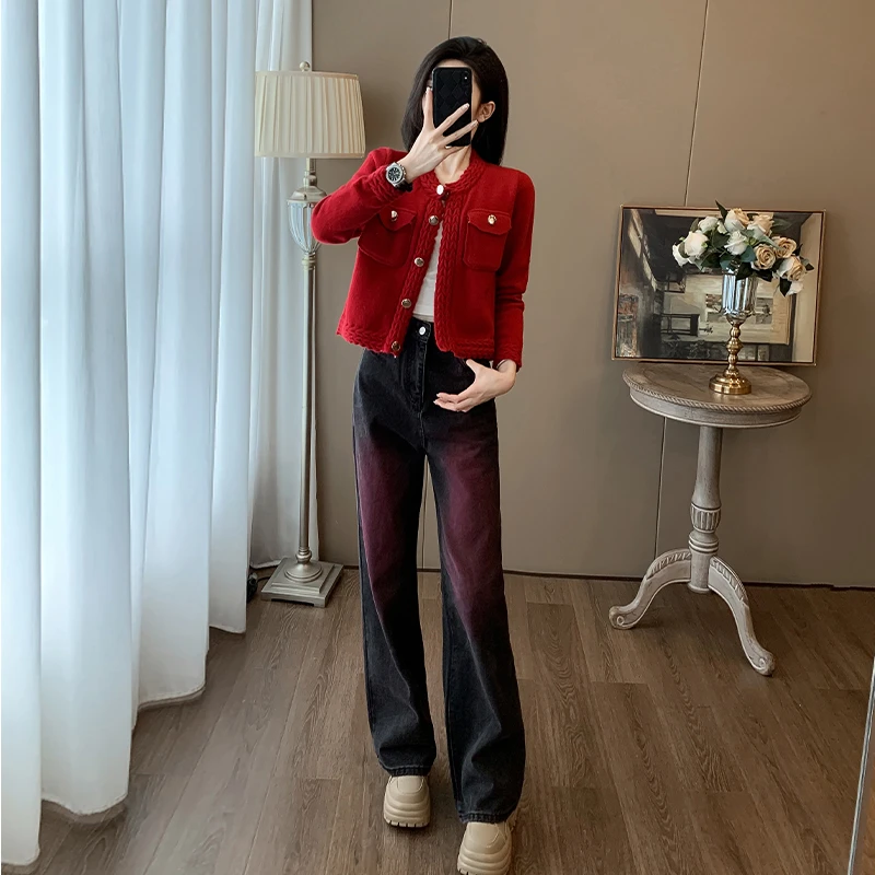 法式气质小香风针织开衫红色毛衣外套女2025新款套装秋冬牛仔裤