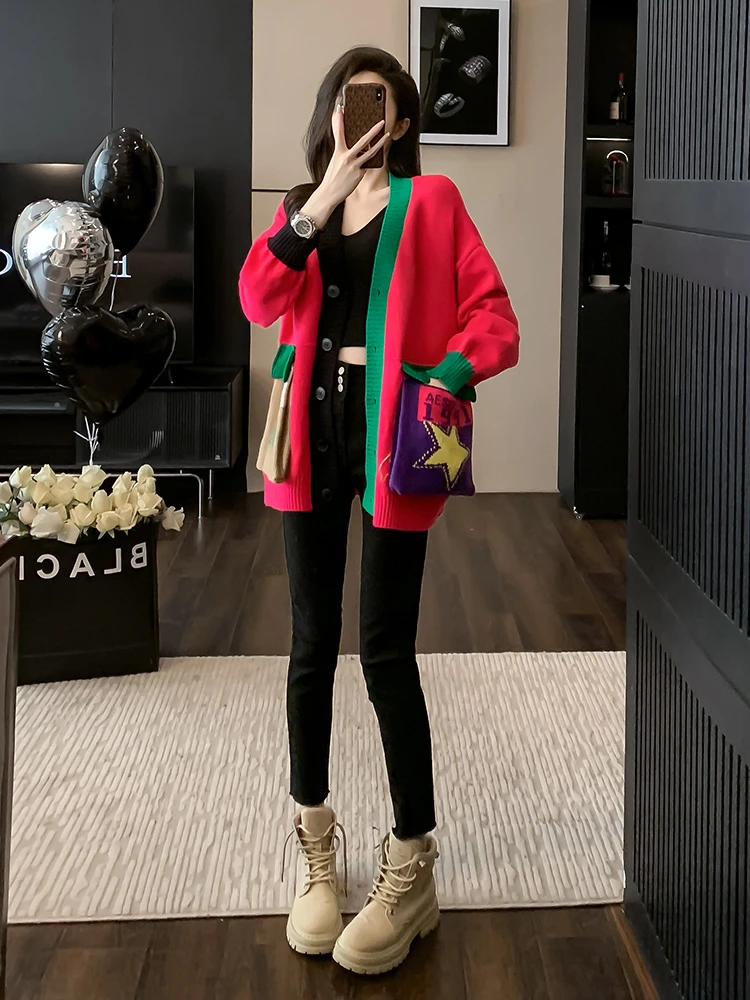 2025年春秋季宽松显瘦撞色韩式高级温柔百搭风开衫长袖毛衣套装