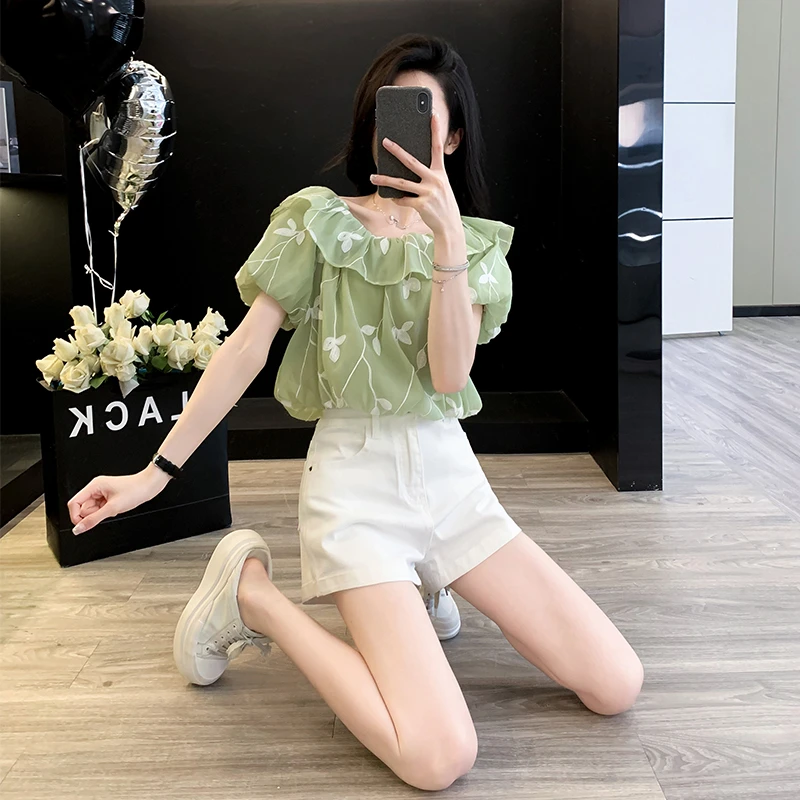 2025夏季新款女装多巴胺套装泡泡袖衬衫韩版彩色青春减龄短裤短袖