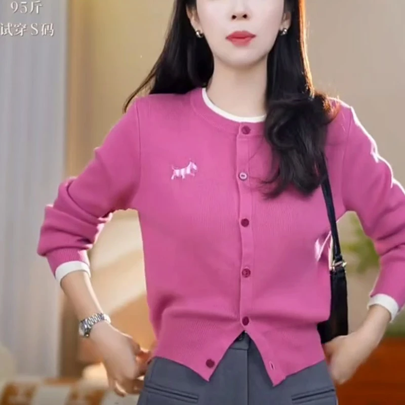 韩版气质撞色拼接针织长袖开衫女春季2025新款蝴蝶结刺绣减龄上衣