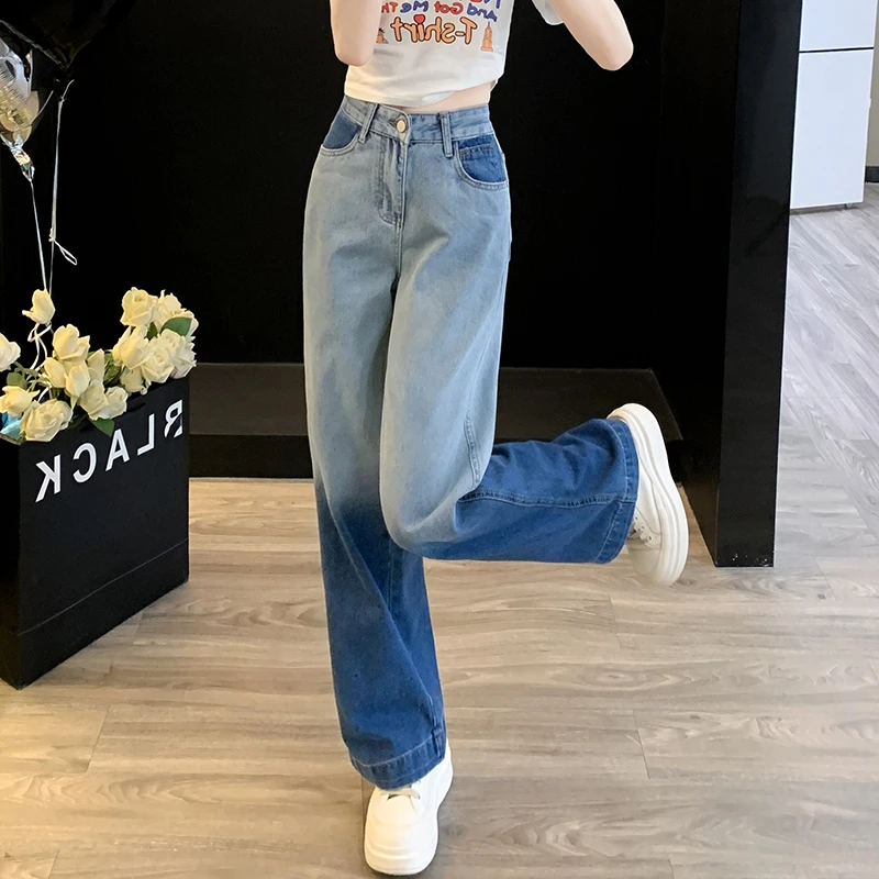 渐变阔腿牛仔裤女夏季2025新款小个子高腰显瘦宽松直筒垂感拖地裤