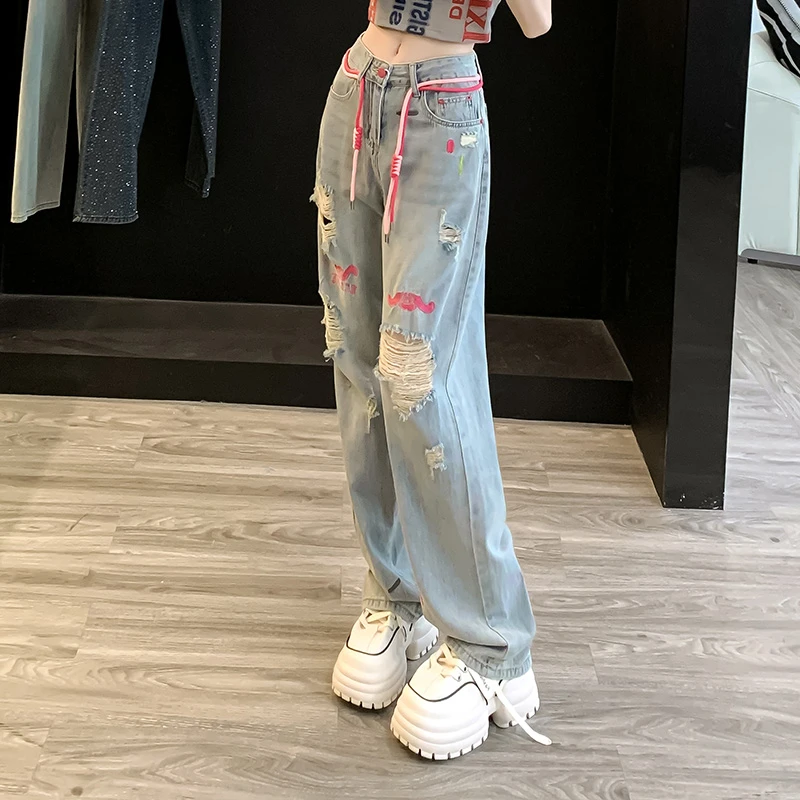 印花破洞牛仔裤女夏季薄款欧货潮牌减龄小个子显高轻奢百搭阔腿裤