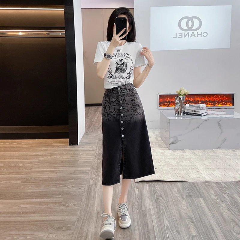 夏季穿搭一整套减龄时尚套装女显瘦印花短款T恤牛仔半身裙两件套