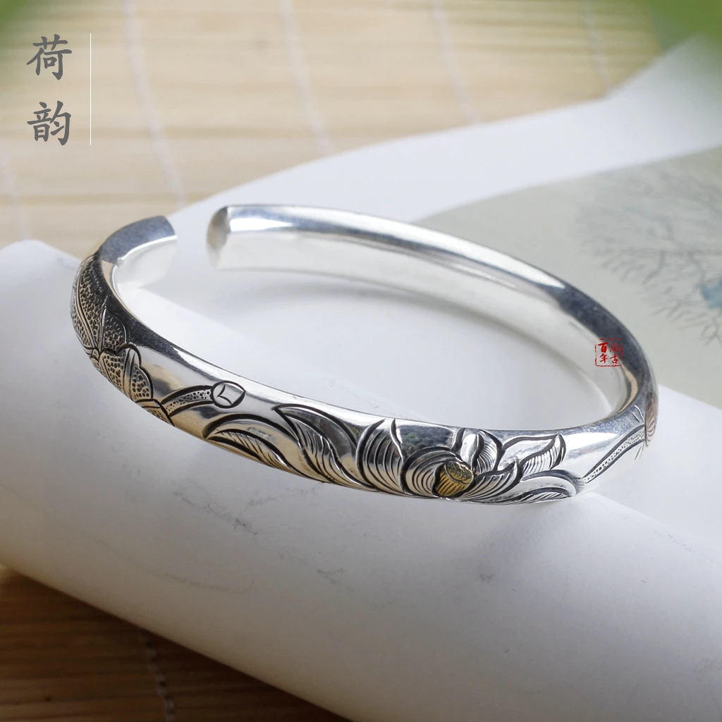 足银手镯 纯手工雕刻实心民族风女款镯子传承银制古风半夏亮面