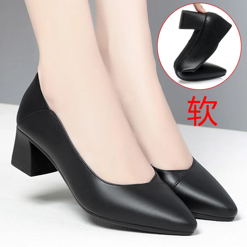 春秋季时尚软底舒适粗跟中年妈妈鞋皮鞋工作鞋女黑色工装单鞋女鞋