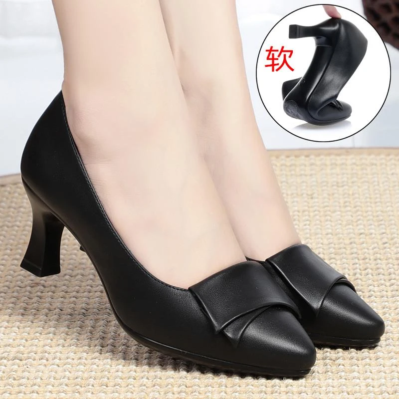 鞋子高跟皮鞋真皮软底百搭鞋子高跟工作鞋女黑色单鞋新款女鞋春秋