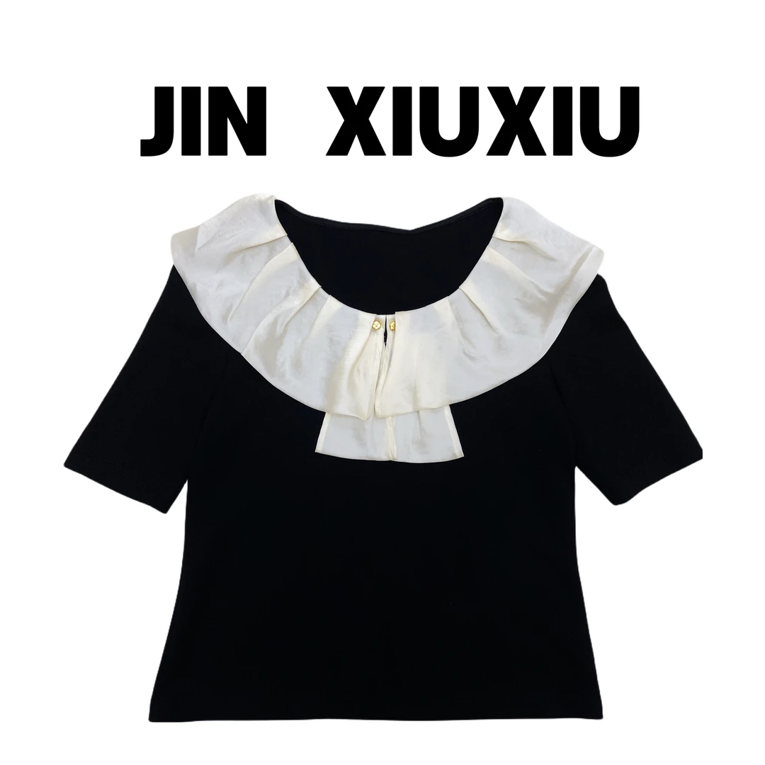 【金秀秀】【深圳高端货】123新款甜美花瓣领短袖上衣
