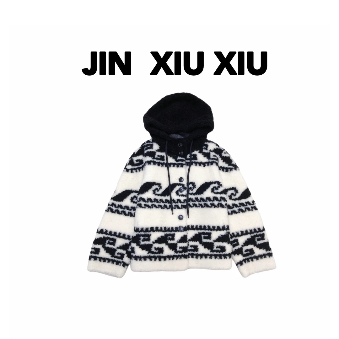 【金秀秀】【深圳出品】1137秋冬新款连帽羊羔毛单排扣外套