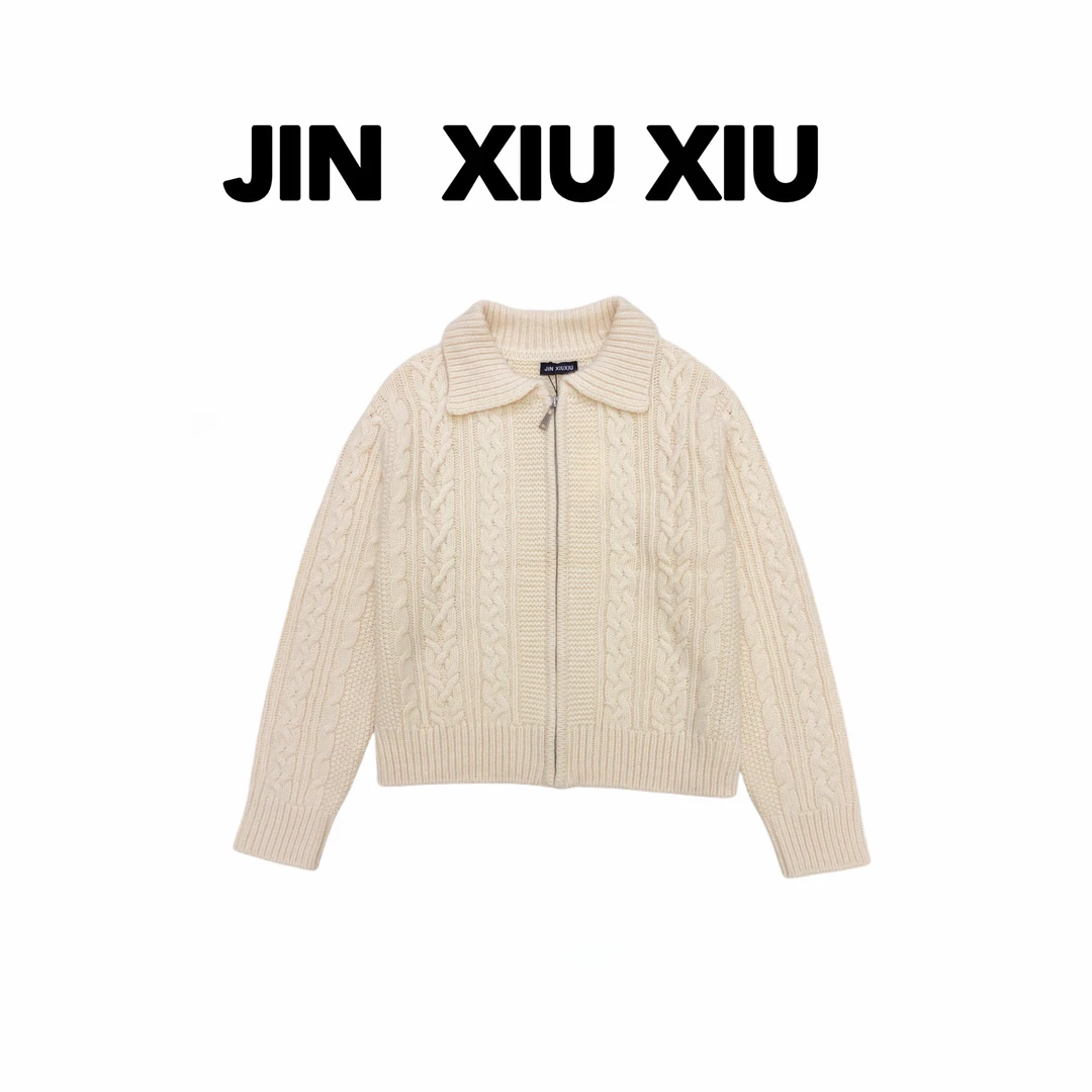 【金秀秀】【深圳出品】1227秋冬新款翻领麻花毛衣开衫